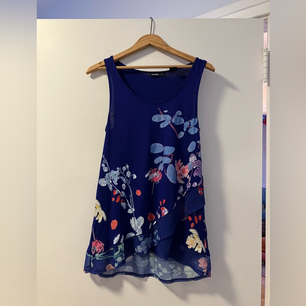 Desigual Blue Floral Tank Top - Light with sheer details.